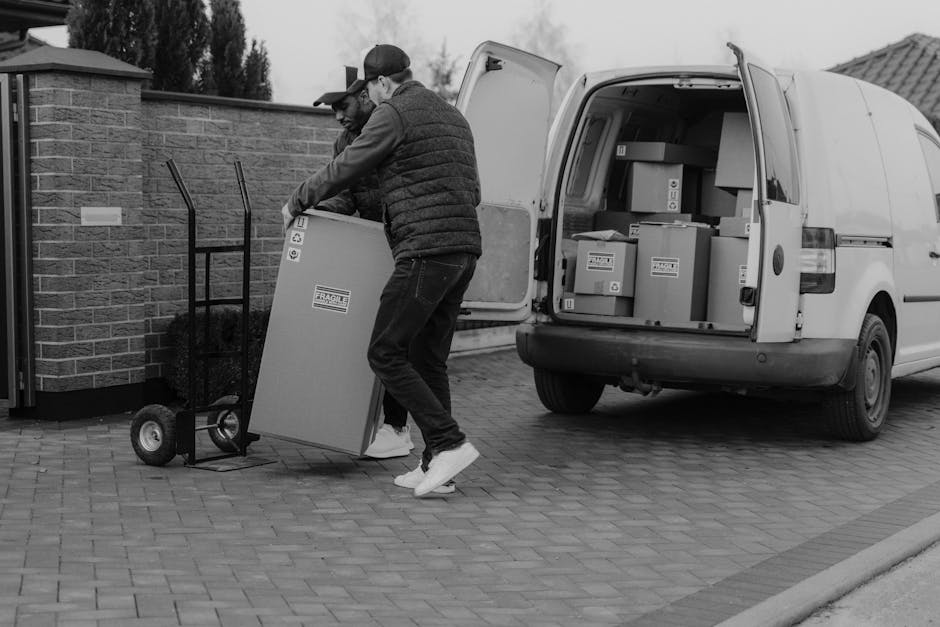 Two movers from Man with Van Barnehurst are engaged in a home relocation process, lifting a large cardboard box wrapped in plastic for protection. They are positioned outside on a paved driveway adjacent to a brick wall, with one mover on the left holding the box by its sides, and the other on the right supporting it from below. Nearby, there is a hand truck with an empty platform and two wheels, ready for transporting additional boxes or furniture. An open white van parked on the driveway is loaded with numerous cardboard boxes of varying sizes, some marked with fragile symbols, indicating organised packing and furniture transport. The van's rear doors are wide open, revealing the interior filled with boxes stacked neatly, suggesting careful packing and loading procedures. The environment is well-lit with natural light, and the scene captures a typical loading process involved in house removals, with furniture, packing materials, and moving equipment all visible, supporting the context of relocation logistics related to [PAGE_TITLE].